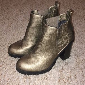 Champagne colored heeled ankle boots